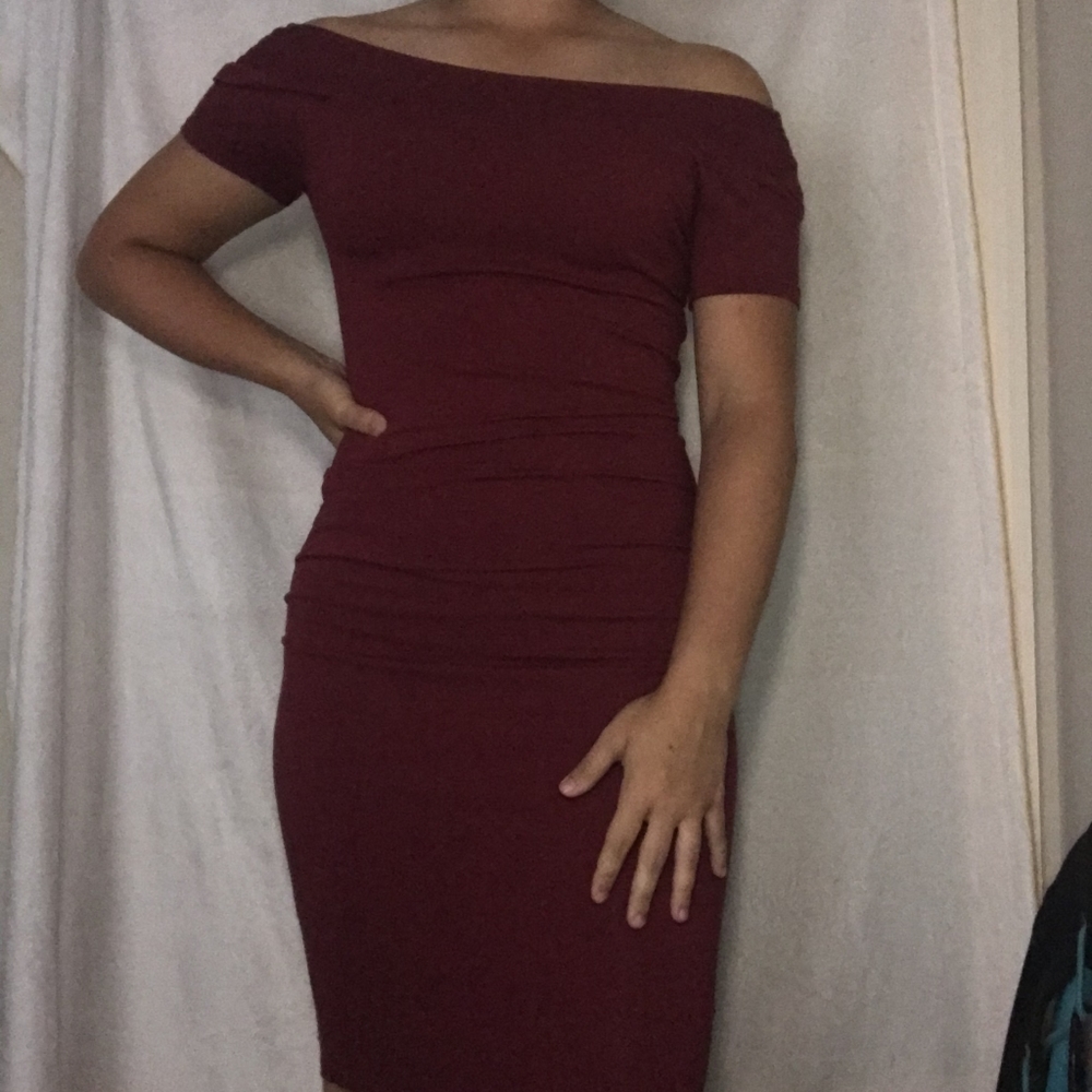 maroon off the shoulder dress